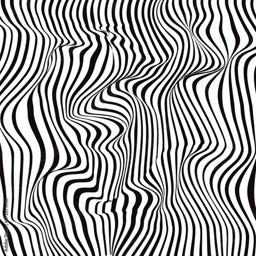 Abstract wave background, black and white wavy stripes or lines design. Distorted monochrome stripes make an illusion of three-dimension