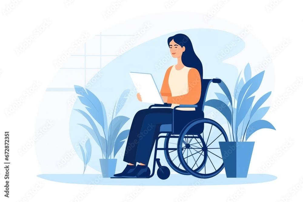 Woman In Wheelchair Working, Promoting Inclusiveness. Сoncept Inclusive Workplace, Disability Empowerment, Wheelchair Accessibility, Equality In Employment, Adaptive Technology Woman In Wheelchair Working, Promoting Inclusiveness. Сoncept Inclusive Workplace, Disability Empowerment, Wheelchair Accessibility, Equality In Employment, Adaptive Technology