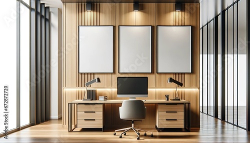 Modern wooden office interior with a central desk and computer. Two slightly smaller blank frames hang on the back wall, complementing the space. Bright and professional ambiance without ceiling lamps