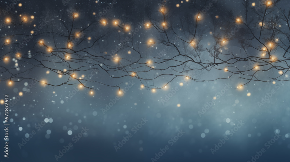 Światełka świąteczne - zimowe tło na życzenia Bożonarodzeniowe i Noworoczne. Wesołych Świąt Bożego Narodzenia i Szczęśliwego Nowego Roku - obrazy, fototapety, plakaty 