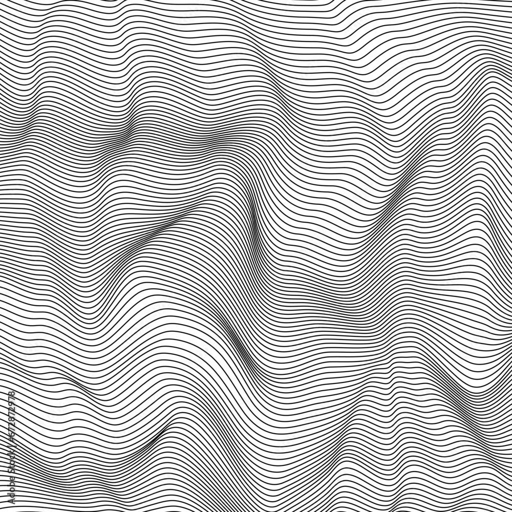 Abstract wave background with black and white stripes. Optical (Op Art) illusion of waves of black and white lines.