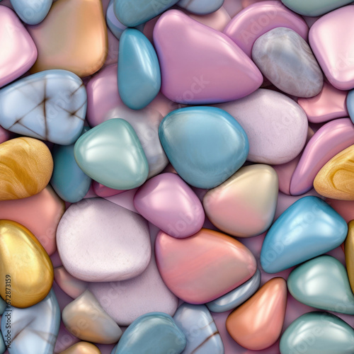 Seamless pattern with colorful pebbles. Abstract background with stones in bright, pastel colors. © Evarelle