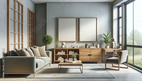 Modern living room interior with two 100x70cm frames for art collection, wooden cabinet, gray sofa, stylish desk, and plants; serenely lit