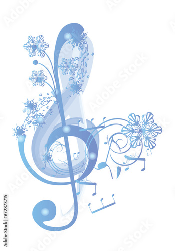 Winter music. Abstract treble clef decorated with snowflakes and notes. Vector illustration.
