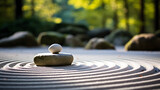 A peaceful Zen rock garden, with perfectly raked gravel as the background, during a calm afternoon