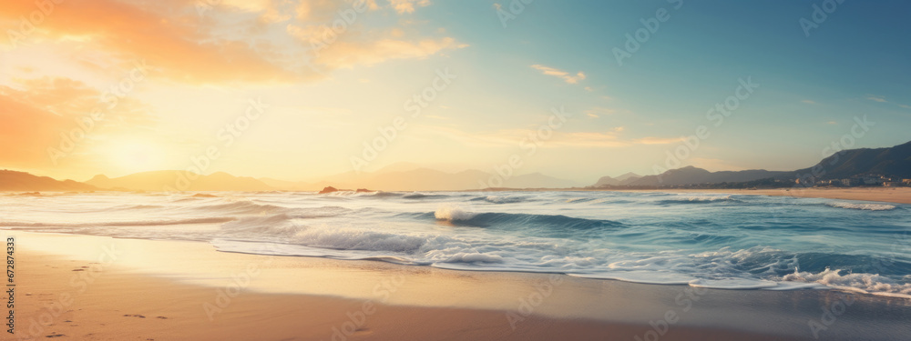 Sunset at the ocean shore , soft background banner