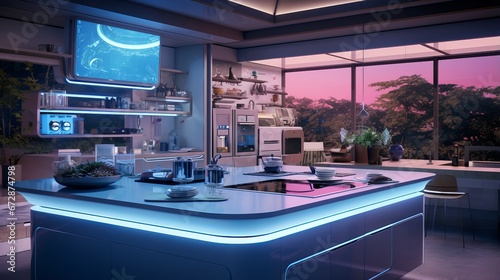 Futuristic Blue Neon Lit Kitchen with High Tech Appliances at Sunset