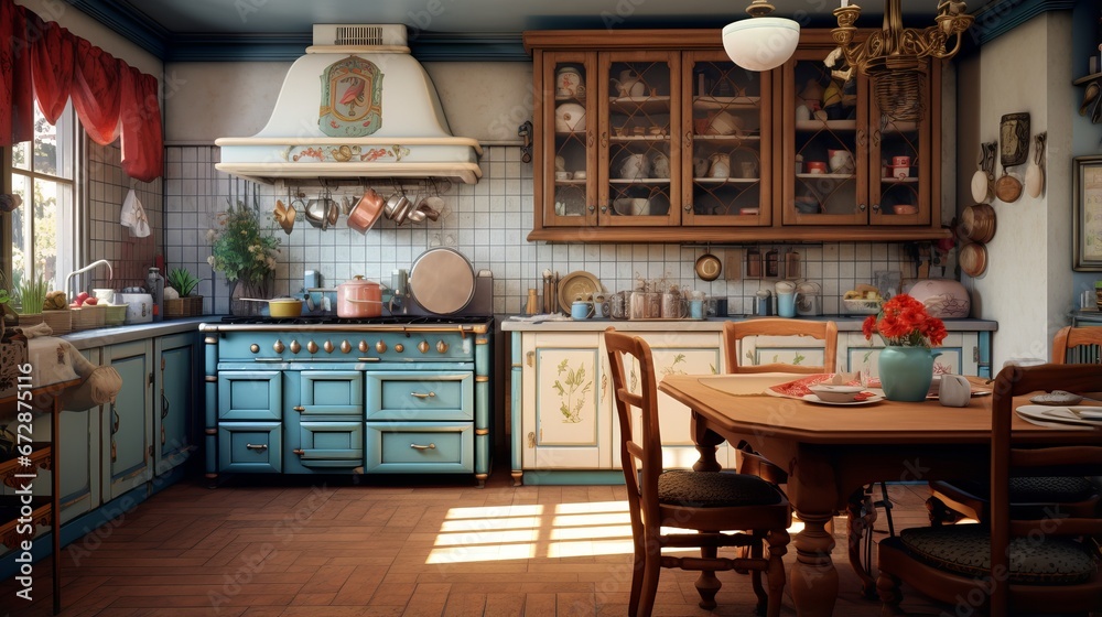 Vintage Kitchen Interior with Blue Cabinets and Wooden Table