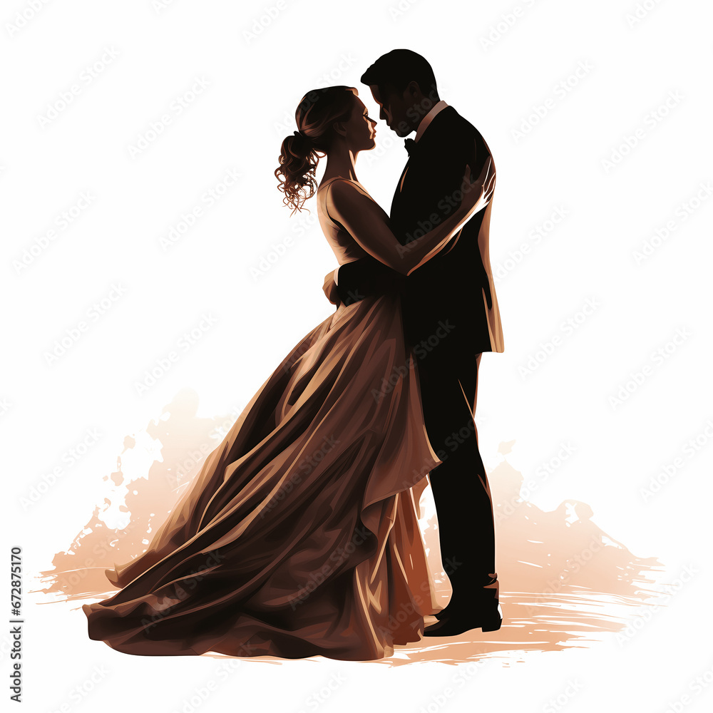 Silhouette of a bride and groom isolated on white background