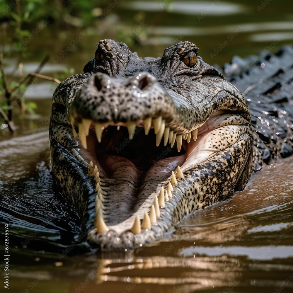 Large alligator is swimming in a body of water with its jaw open. Ai ...