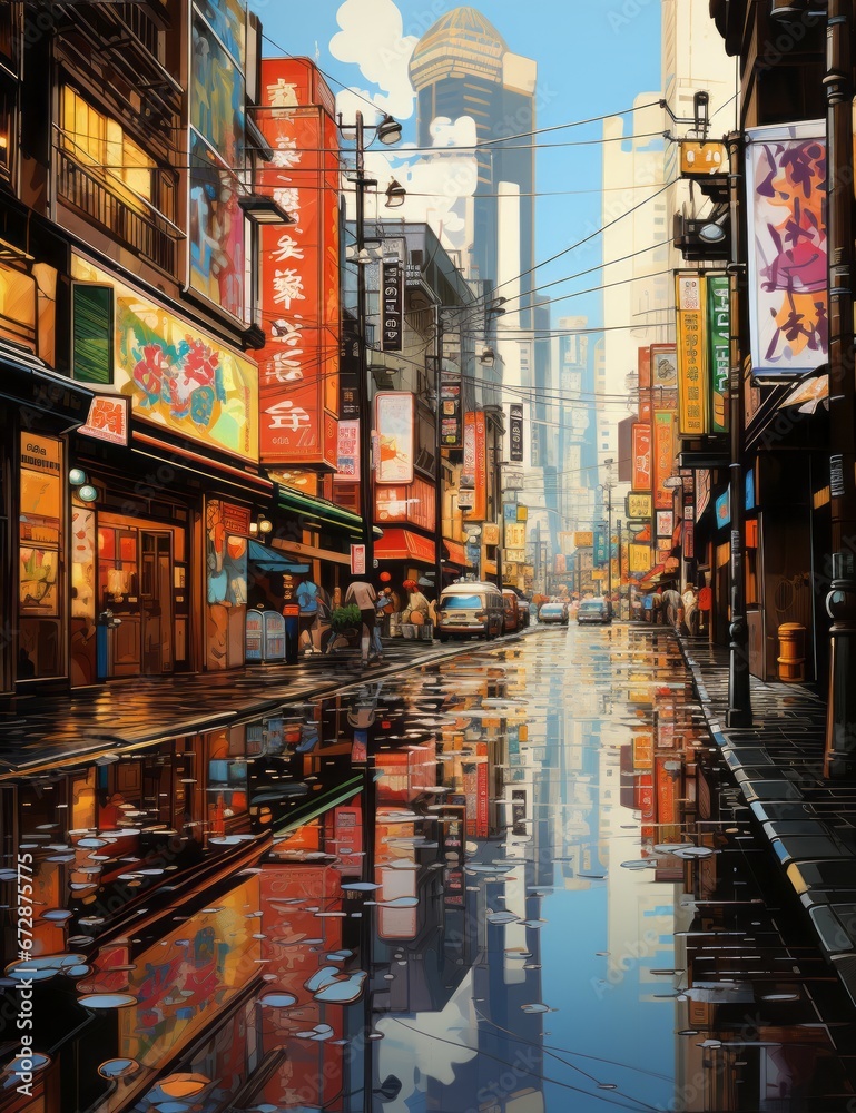 Urban Reflections in Rainy Street Illustration