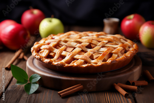 Homemade apple pie on a wooden table, side view