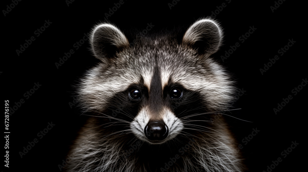 Portrait of a raccoon on black background.  Minimalistic style. AI generated content.