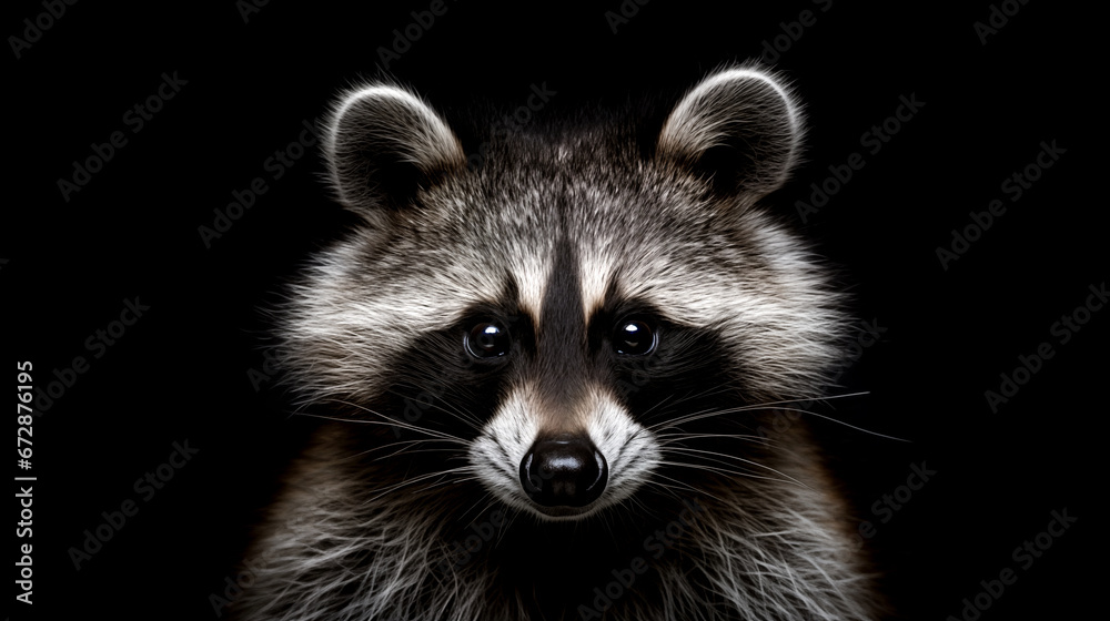 Portrait of a raccoon on black background. Minimalistic style. AI generated content. Portrait of a raccoon on black background. Minimalistic style. AI generated content.