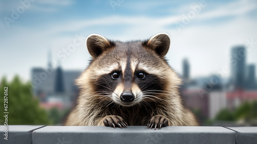 Portrait of a raccoon on blurred urban background. Minimalistic style. AI generated content.