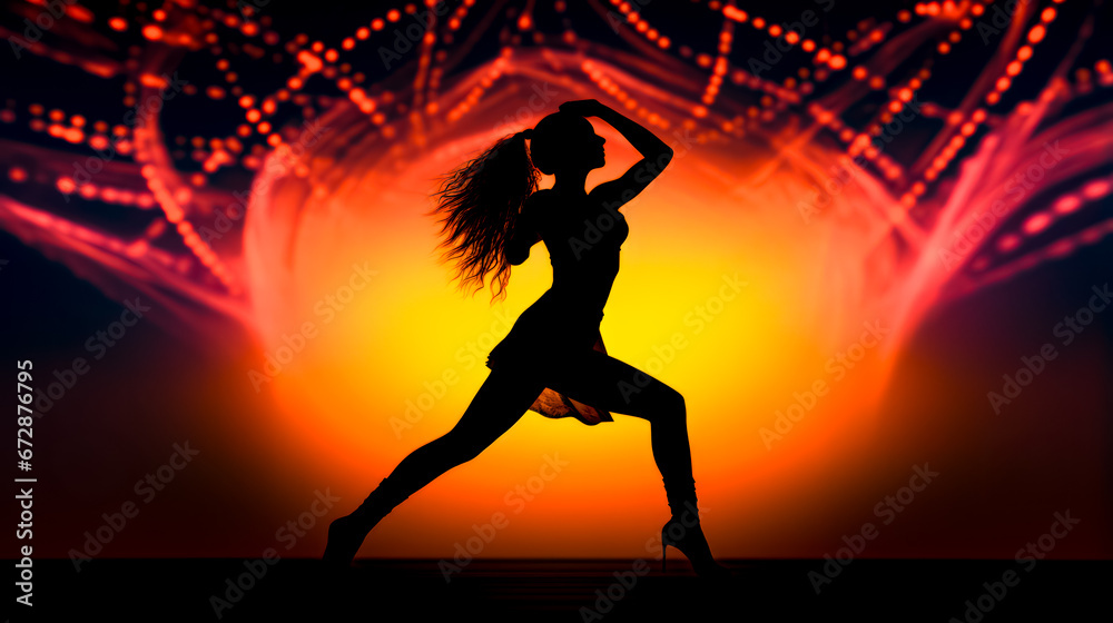 Silhouette of woman dancing in front of orange and pink background.