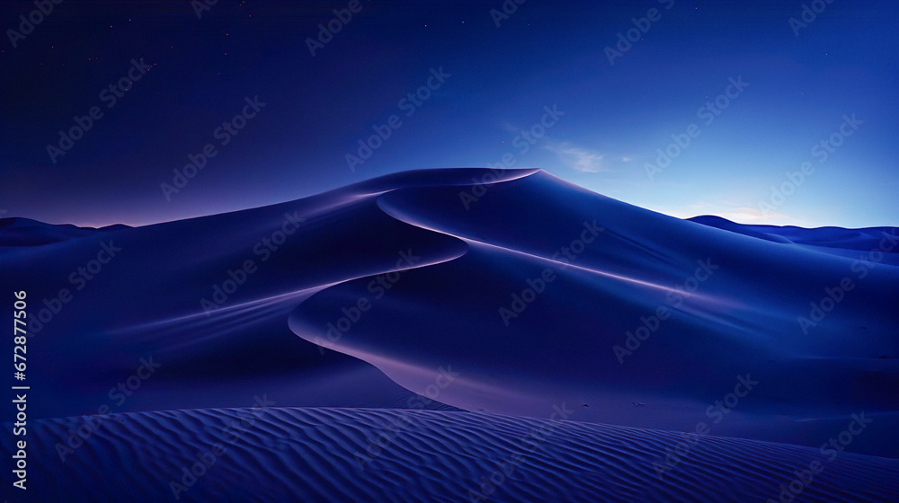 Desert Sand Dunes with Deep Blue Colors at Night - Generative Ai - obrazy, fototapety, plakaty 