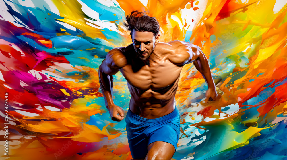 Painting of man running through colorful paint splattered background.