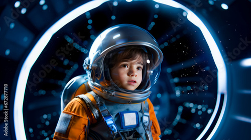 Little boy in space suit looking at the stars in the background.