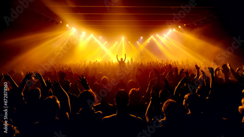 Crowd of people at concert with their hands up in the air.