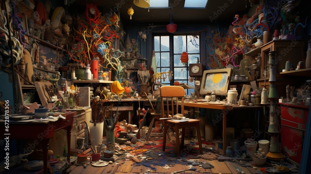 Colorful and Cluttered Artist’s Studio with Various Art Supplies and Window