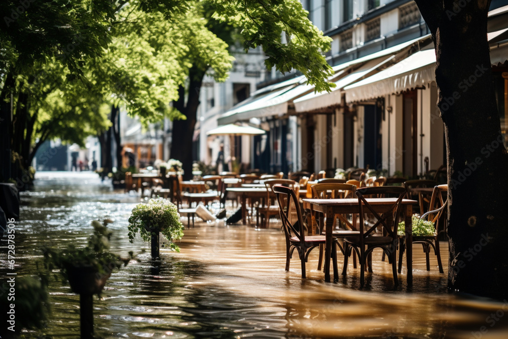 cozy European streets with summer cafes flooded after the flood