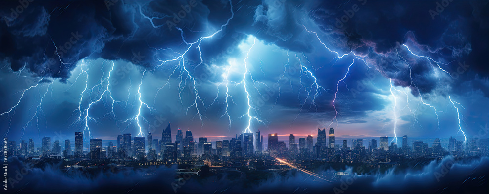 Lightning storms or striking over night city in blue light.