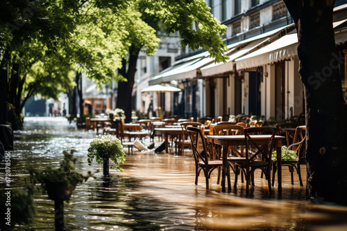 cozy European streets with summer cafes flooded after the flood © Наталья Лазарева