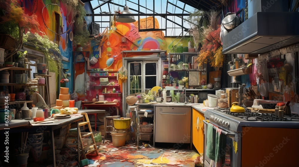 Colorful Bohemian Style Kitchen Interior with Artistic Decor and Plants