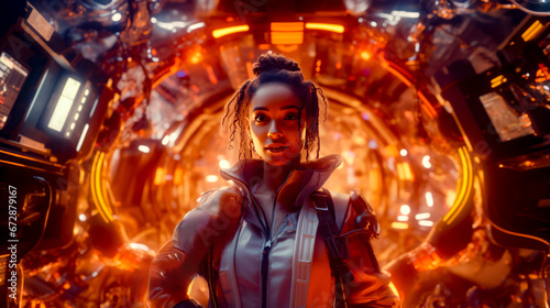 Woman with dreadlocks standing in front of sci - fi .