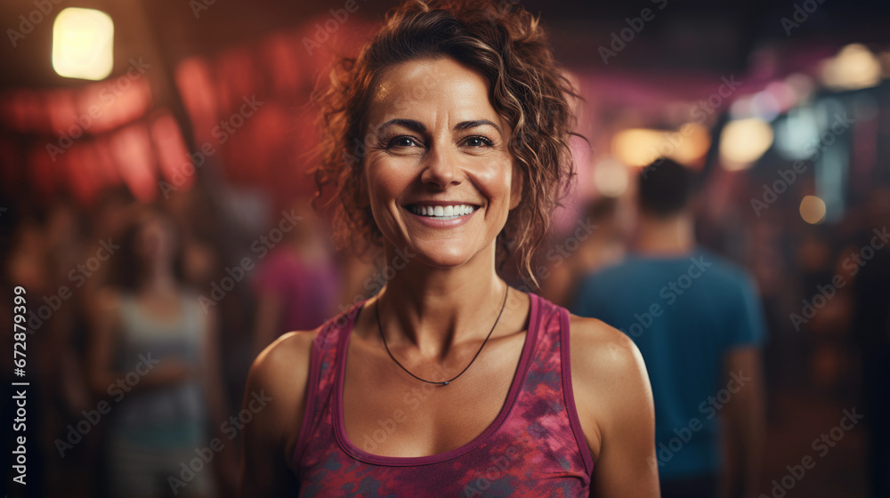 Middle-Aged Woman Smiling While Standing in a gym Middle-Aged Woman Smiling While Standing in a gym