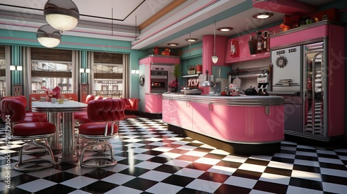 Retro Style Kitchen Interior with Pink and Red Accents and Checkered Floor