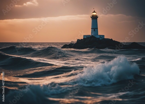 A lighthouse shining on a stormy and wavy day  © abu