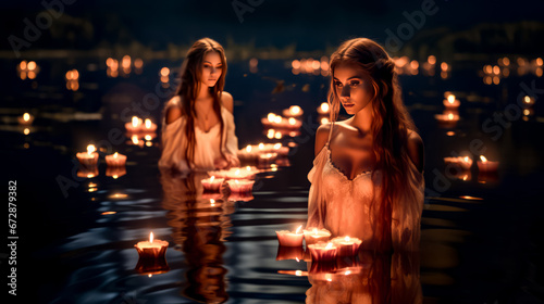 Two beautiful young women standing in body of water surrounded by lit candles.