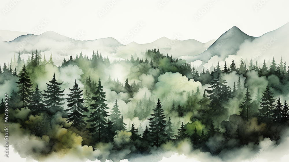 Misty mountains, green forests and fog.