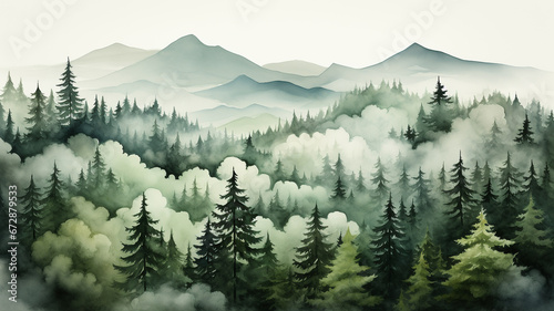 Misty mountains  green forests and fog.