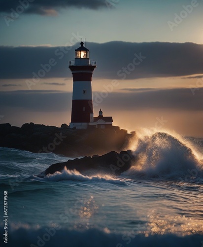 A lighthouse shining on a stormy and wavy day 
