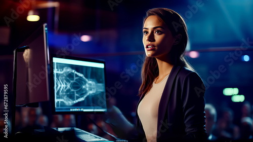 Woman is looking at x - ray image on computer screen.
