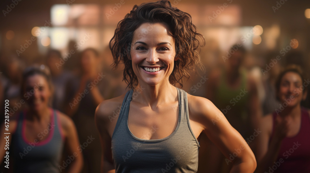 Middle-Aged Woman Smiling While Standing in a gym Middle-Aged Woman Smiling While Standing in a gym