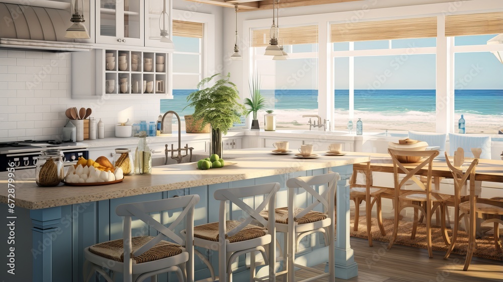 Modern White and Blue Kitchen Interior with Ocean View in a Coastal Style Beach House