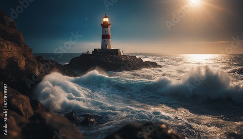 A lighthouse shining on a stormy and wavy day  © abu