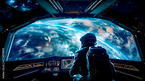 Man sitting in space station looking at view of the earth. photo