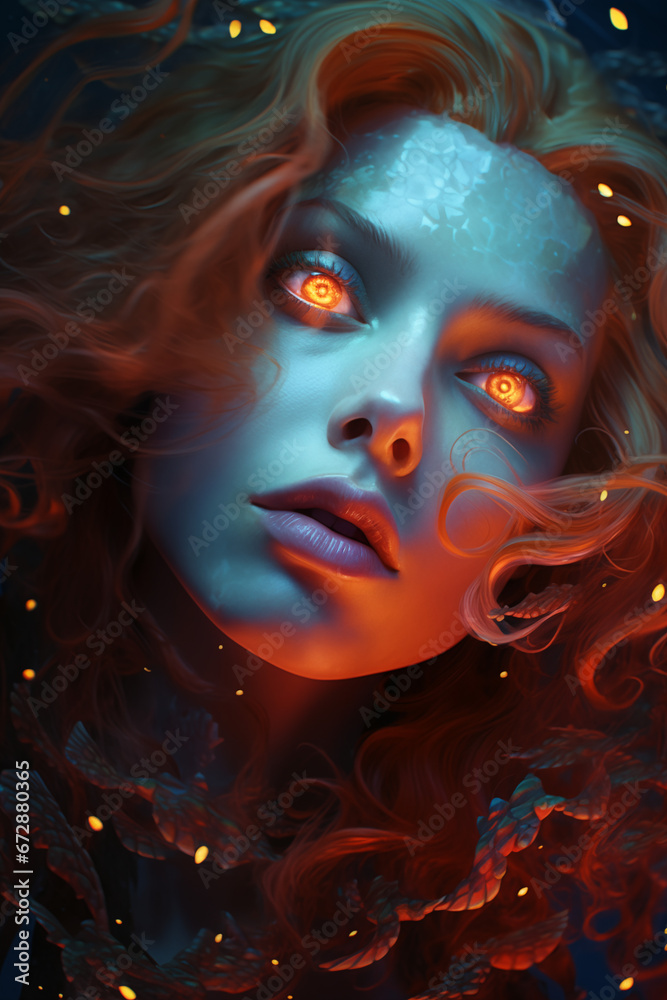 Red Hair Mermaid Beautiful red Yellow Eyes Glow Red hair, redhead Fantasy Mythological Creature made with Generative AI
