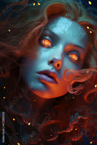 Red Hair Mermaid Beautiful red Yellow Eyes Glow Red hair, redhead Fantasy Mythological Creature made with Generative AI