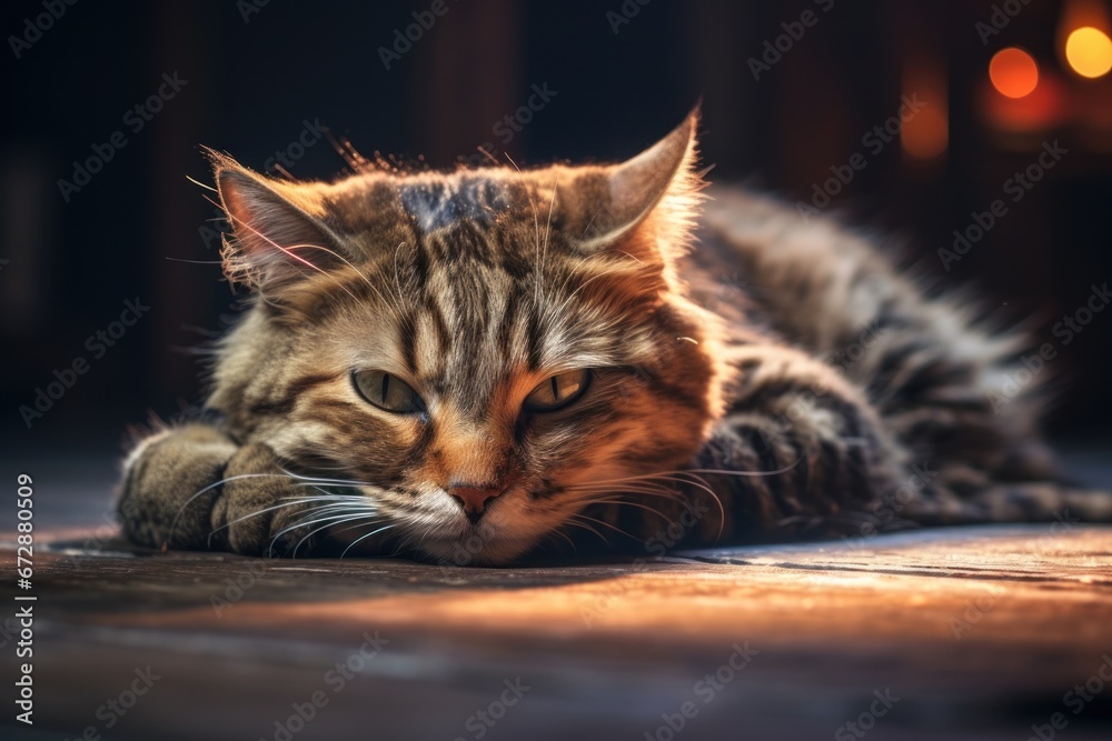 Naklejka premium Cat lying on the floor in a dark room