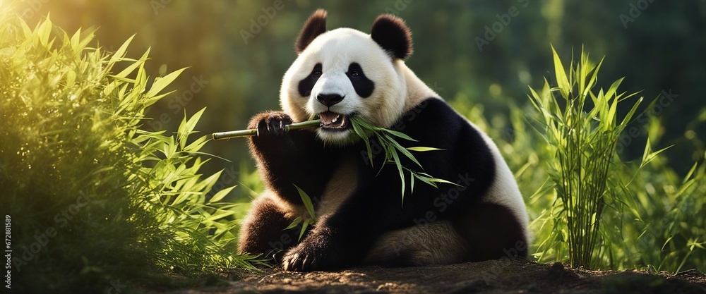 Fototapeta premium giant panda eating bamboo in the forest 