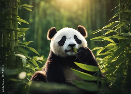 giant panda eating bamboo in the forest 