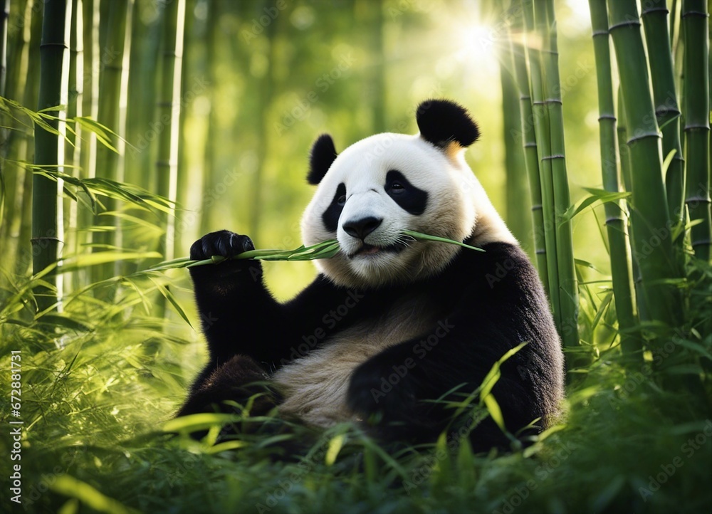 Fototapeta premium giant panda eating bamboo in the forest