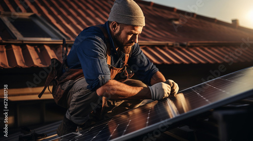 Solar Power Engineer Installing Solar Panels on the Roof of a House