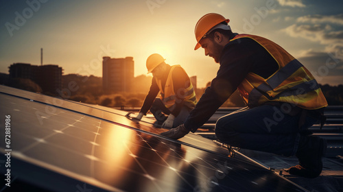 Solar Power Engineer Installing Solar Panels on the Roof of a House